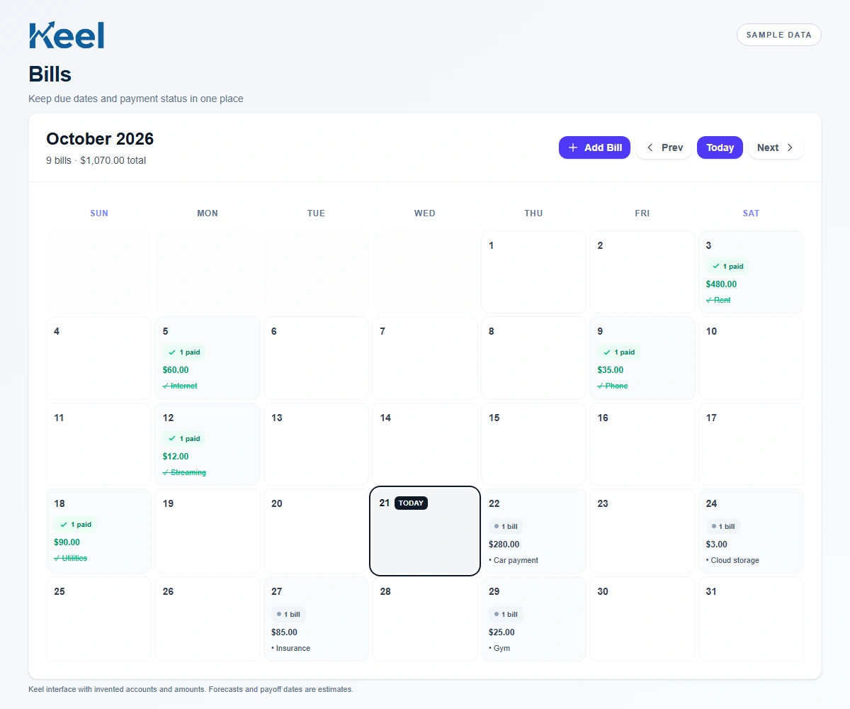 Keel bill calendar for a sample October, showing green paid bills and upcoming car, storage, insurance and gym payments.