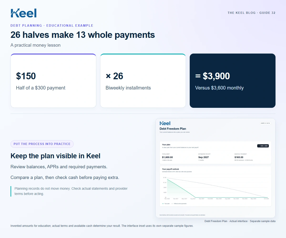 26 halves make 13 whole payments. $150: Half of a $300 payment; × 26: Biweekly installments; = $3,900: Versus $3,600 monthly. Invented educational example.