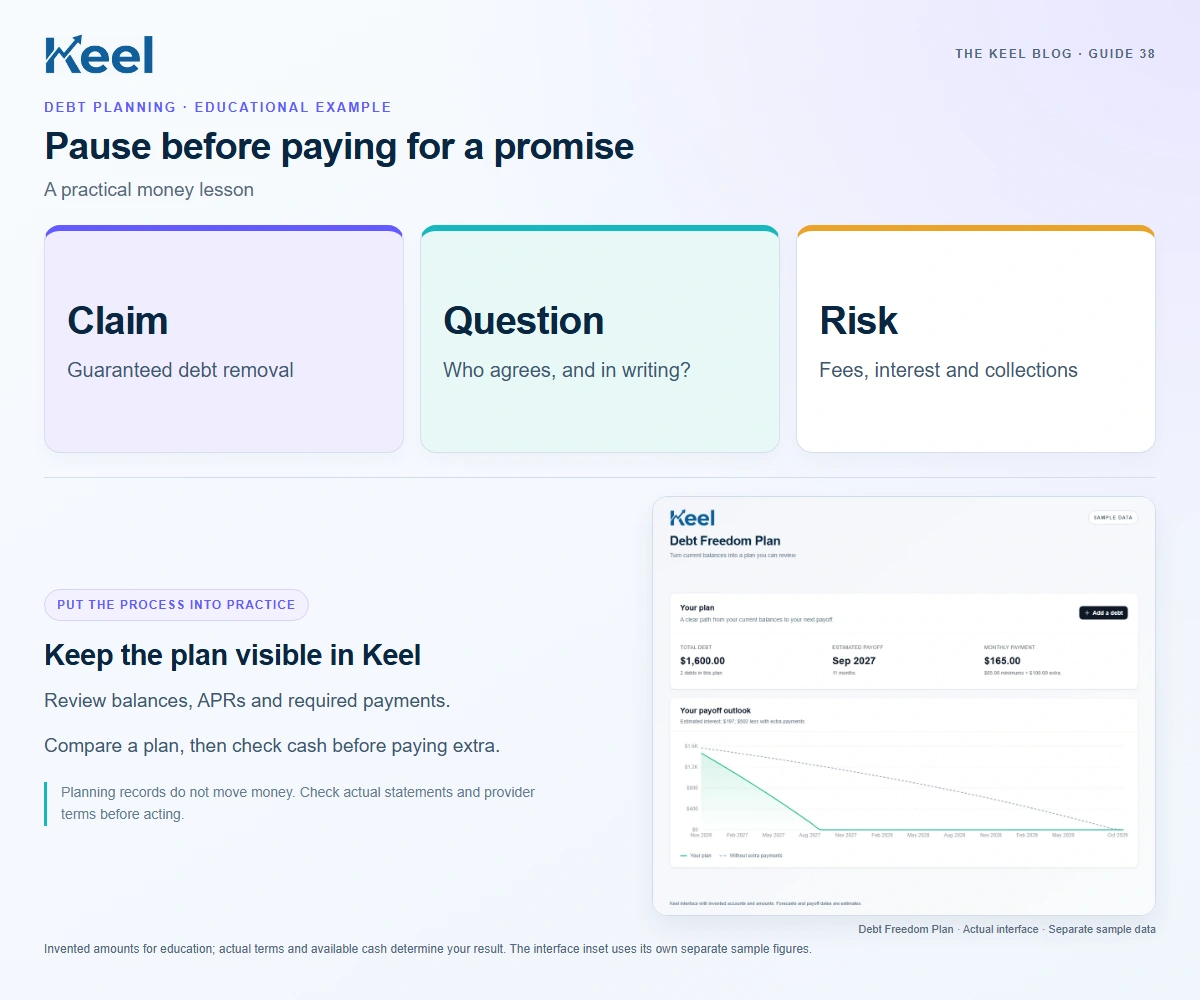 Pause before paying for a promise. Claim: Guaranteed debt removal; Question: Who agrees, and in writing?; Risk: Fees, interest and collections. Invented educational example.
