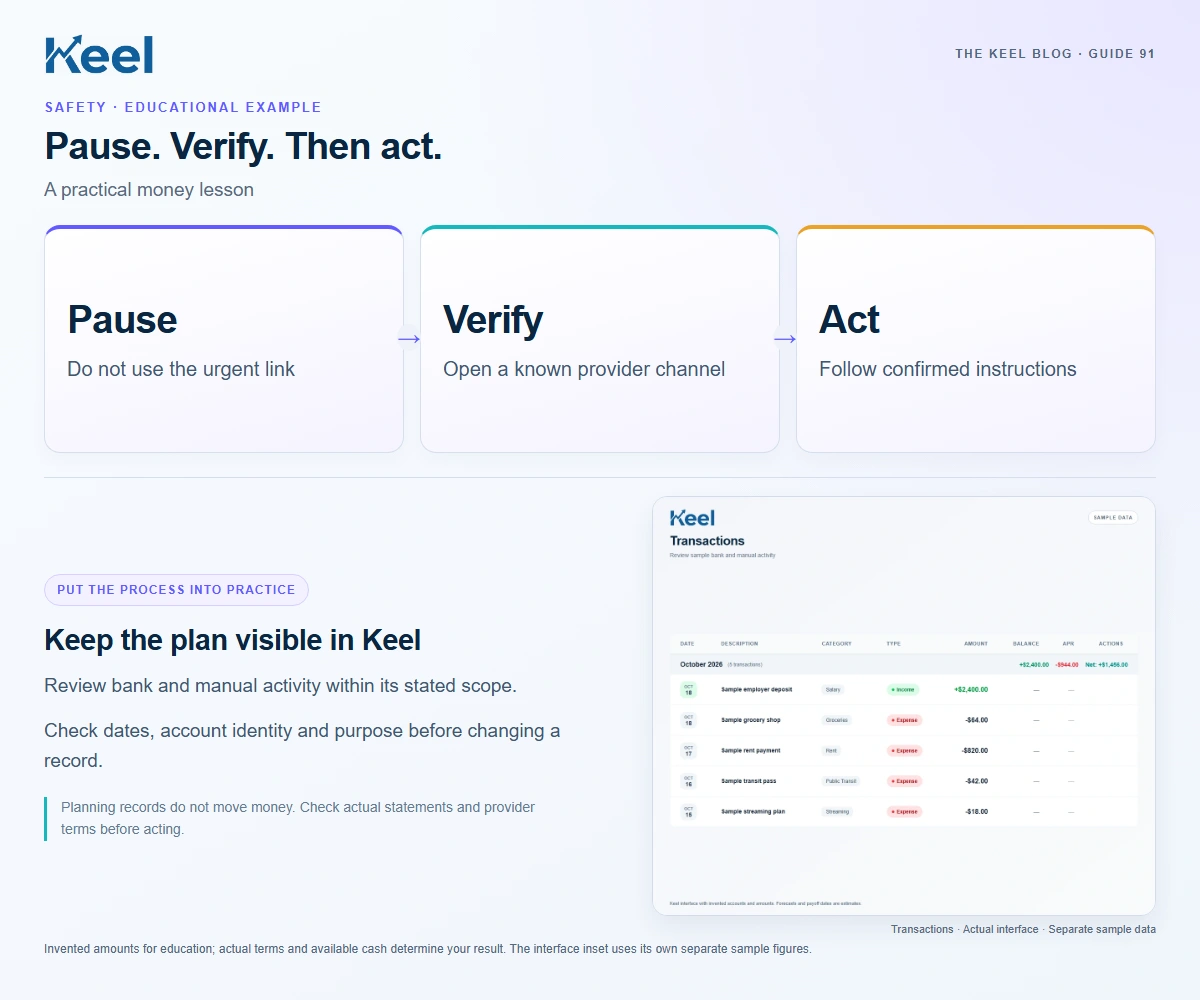 Pause. Verify. Then act.. Pause: Do not use the urgent link; Verify: Open a known provider channel; Act: Follow confirmed instructions. Invented educational example.
